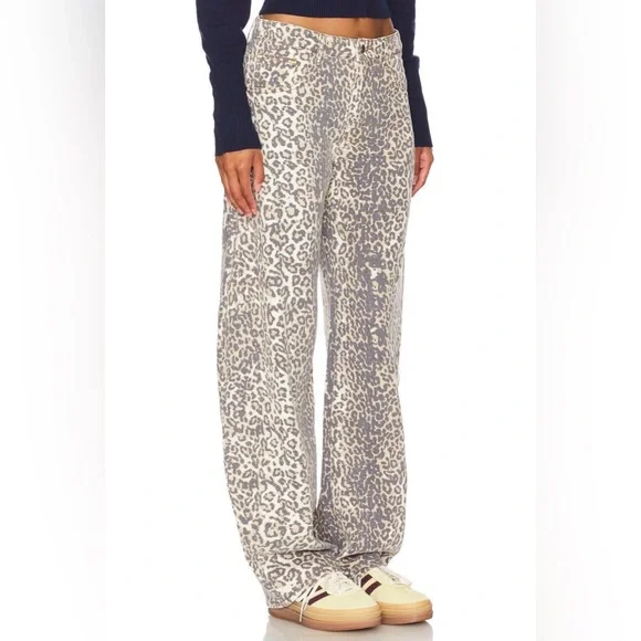 Lioness denim barrel jeans Medium Barrel Leg Leopard Print Pants Cream/Gray EUC - Picture 4 of 10